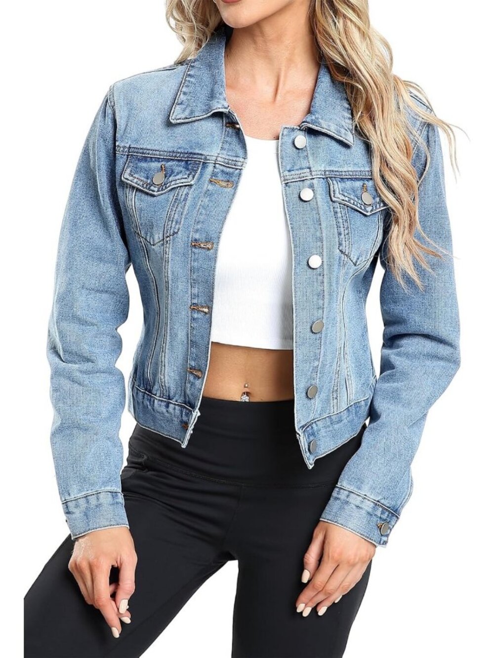 Cropped Denim Jacket for Women | Long Sleeve Button Down Jean Shacket with